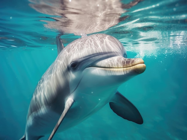 Podwodne zdjęcie radosnego i optymistycznego delfina