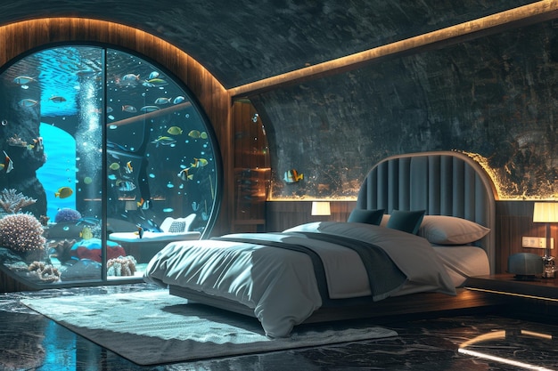 Podwodny hotel luksusowy pokój pod wodą akwatyczna sypialnia w akwarium podwodny hotel