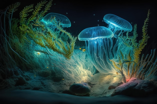 Podwodny świat Bioluminescencyjne meduzy na dnie morza z algami i koralowcami Fotorealistyczna ilustracja generująca sztuczną inteligencję