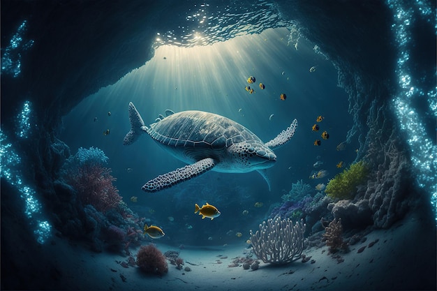 Podwodny świat na głębi oceanu Podwodne wąwozy i tunele Wiele organizmów. sztuczna inteligencja