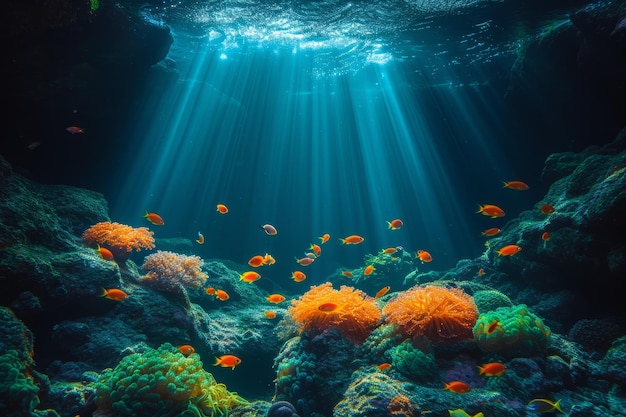Podwodny świat pełen życia i kolorystyki z różnymi gatunkami ryb i koralowców