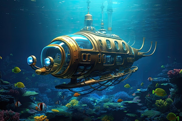 Podwodny świat z łodzią podwodną i koralowcami 3D renderowanie fantasy łodzi podwodnej AI generowane