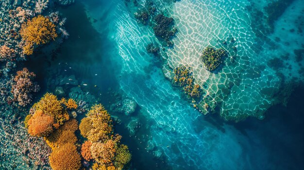 Podwodny widok błękitnej wody z płynnymi rafami koralowymi i organizmami morskimi