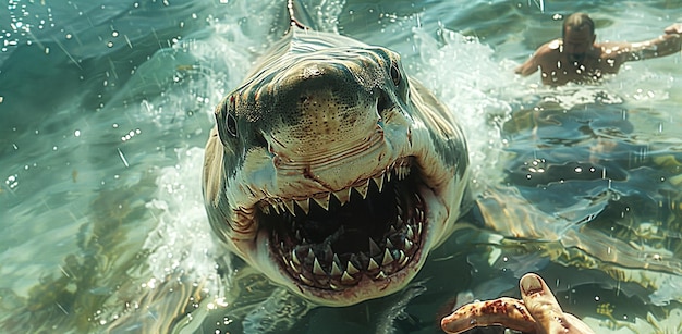Zdjęcie podwodny widok dużego rekina zbliżającego się do pływaka w czystych wodach oceanu przedstawiający niebezpieczeństwo i spotkania z dzikimi zwierzętami