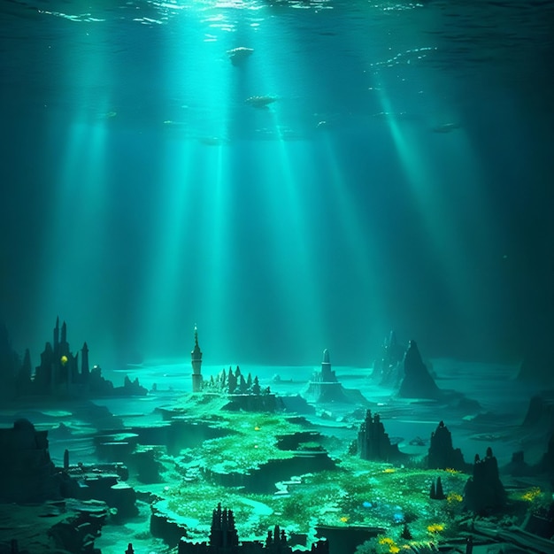 Podwodny widok jaskini ze światłem świecącym przez wodę.