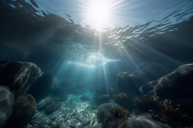 Podwodny widok na ocean ze światłem słonecznym świecącym przez wodę