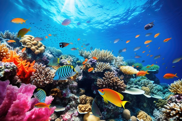 Podwodny widok rafy koralowej z różnorodnymi gatunkami ryb podkreślający różnorodność biologiczną