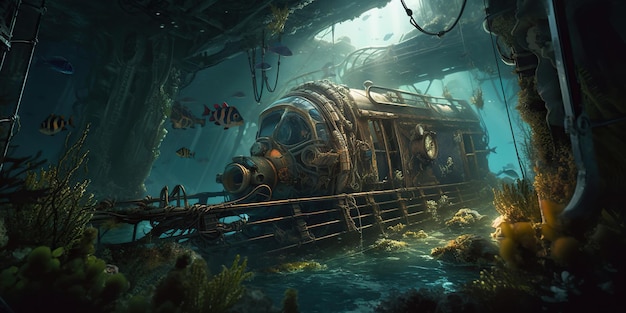 Podwodny widok starej zardzewiałej łodzi podwodnej Generative AI