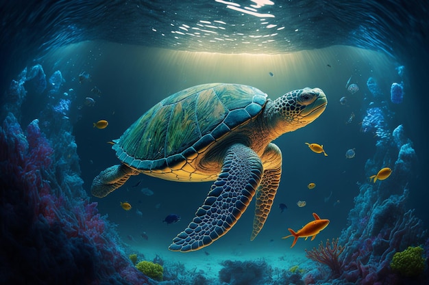 Podwodny żółw pływający w morzu. szczegółowy obraz dzięki technologii Generative AI