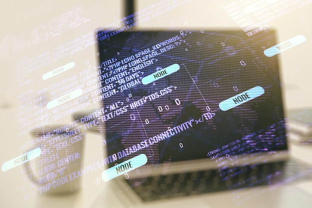 Podwójna ekspozycja abstrakcyjnej kreatywnej ilustracji programistycznej z mapą świata na tle komputera z dużymi danymi i koncepcją blockchain