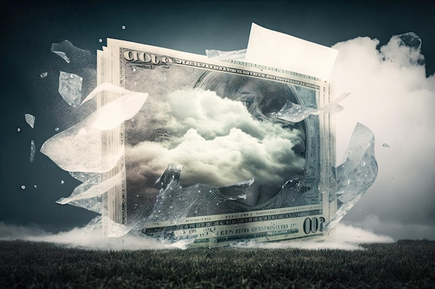 Podwójna ekspozycja banknotu rosnącego w koncepcję inwestycji i finansów w chmurze