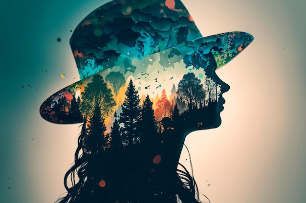 Podwójna ekspozycja dziewczyny w kapeluszu i pełnej leśnej sztucznej inteligencji