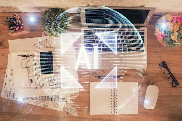 Zdjęcie podwójna ekspozycja hologramu rysunkowego tematu danych na tle stołu roboczego z widokiem z góry z komputerem koncepcja technologii