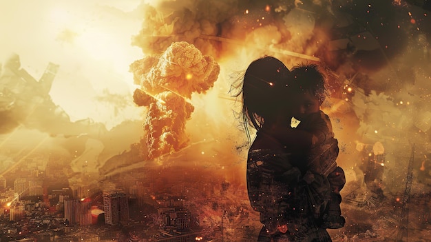 Podwójna ekspozycja matki uściskającej swoje dziecko silueta na tle miasta w ruinach i wybuchu