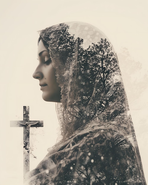 Podwójna ekspozycja obrazu Matki Bożej Maryi i krzyża chrześcijańskiego