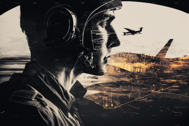 Zdjęcie podwójna ekspozycja pilota w kokpicie i lotu samolotem na lotnisko podczas startu