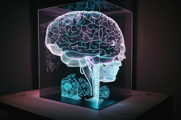 Podwójna ekspozycja pokazuje komputer stacjonarny rysujący hologram mózgu Koncepcja sztucznej inteligencji