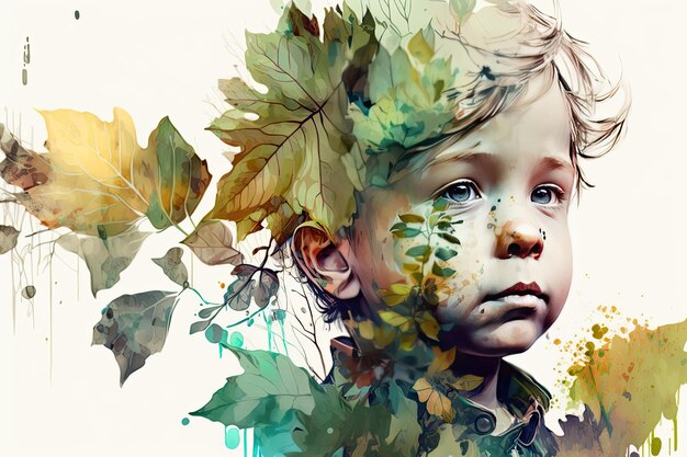 Podwójna ekspozycja portret dziecka z roślinami i liśćmi Kolorowa ilustracja twórcza Generative AI