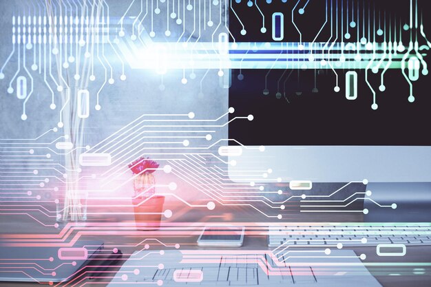 Podwójna ekspozycja pulpitu z komputerem na tle i rysunek na temat technologii Koncepcja dużych danych