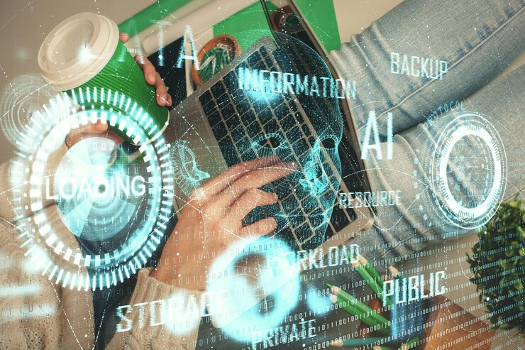 Zdjęcie podwójna ekspozycja rąk kobiet pracujących na komputerze i rysunek hologramu tematu danych koncepcja technologiczna