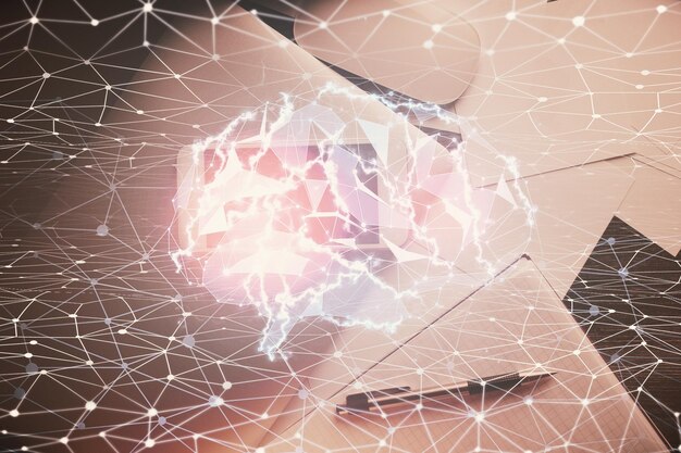 Podwójna ekspozycja rysunku mózgu na pulpicie stołu roboczego Widok z góry Koncepcja globalnej analizy danych