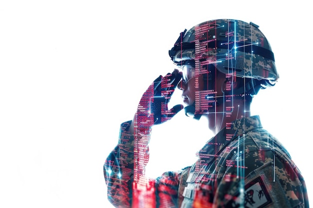 Podwójna ekspozycja salutującego żołnierza i kodu komputerowego na białym tle Koncepcja wojny cybernetycznej