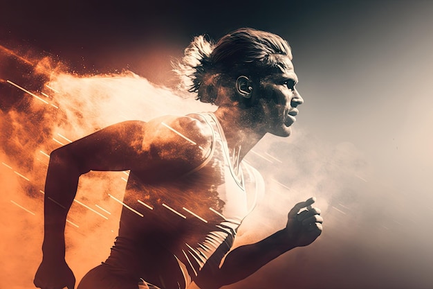 Zdjęcie podwójna ekspozycja sportowca biegającego na stadionie z podwójną ekspozycją na niewyraźne tło