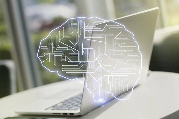 Zdjęcie podwójna ekspozycja symbolu kreatywnej sztucznej inteligencji z nowoczesnym laptopem na tle sieci neuronowe i koncepcja uczenia maszynowego