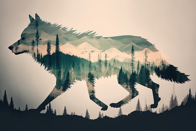 Podwójna ekspozycja wilka biegnącego przez las i pasmo górskie stworzone za pomocą generatywnej sztucznej inteligencji
