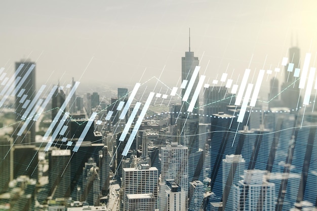 Podwójna ekspozycja wirtualnego kreatywnego diagramu finansowego na bankowości w tle budynków biurowych w Chicago