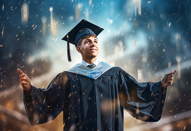Podwójna ekspozycja zdjęcie młodego mężczyzny rzucającego czapkę dyplomową realistyczny obraz tła technologii