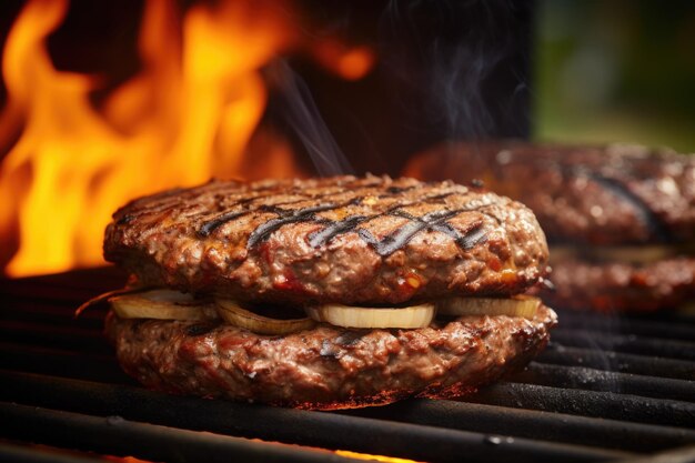 Podwójnie ułożony burger skwierczący na grillu o wysokiej temperaturze