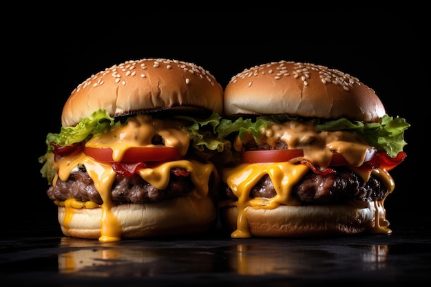 Podwójny cheeseburger z dwoma dużymi soczystymi na ciemnym tle