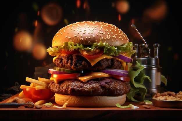 Podwójny hamburger izolowany na czarnym tle