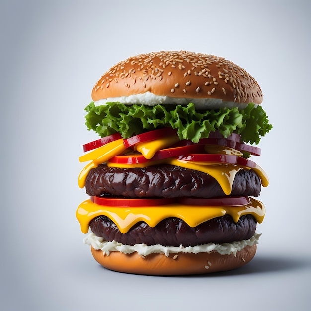 Podwójny hamburger na białym tle i świeży burger fast food z wołowiną i śmietaną