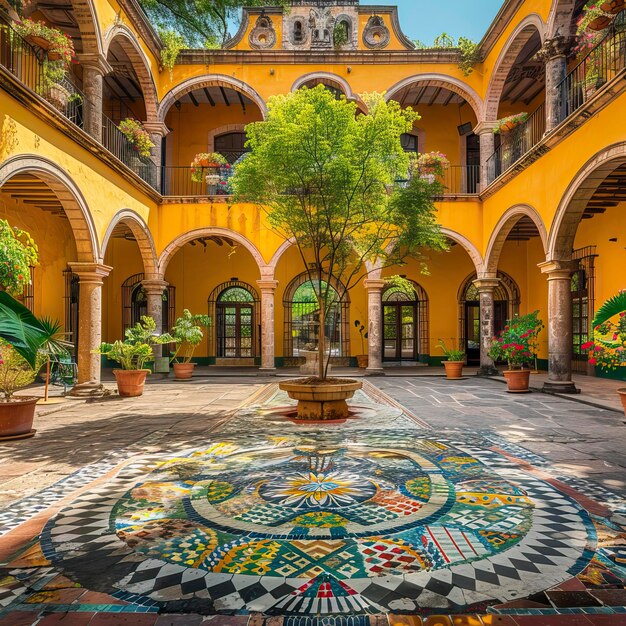 Podwórko w Mexico City z kolorowymi płytkami i fontannami, otoczone łukami i roślinami