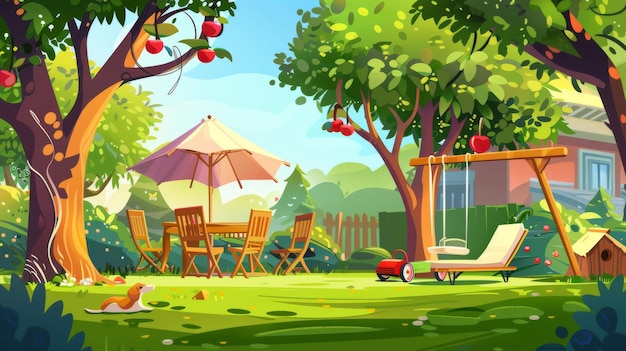 Podwórko wiejskiego domu z drzewami i meblami Letni krajobraz kreskówkowy z zieloną trawą i drzewami owocowymi huśtawka z baldachimem drewniany stół z krzesłami i kosiarką dla psów
