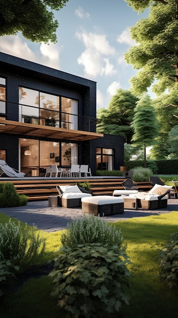 Podwórko z nowoczesnym domem i trawnikiem w stylu minimalistycznym