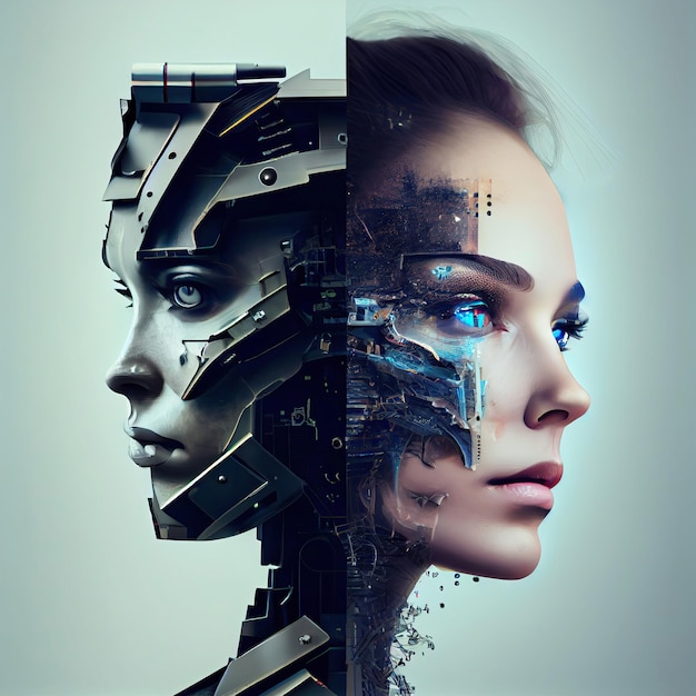 Podzielony obraz kobiety i twarzy robota