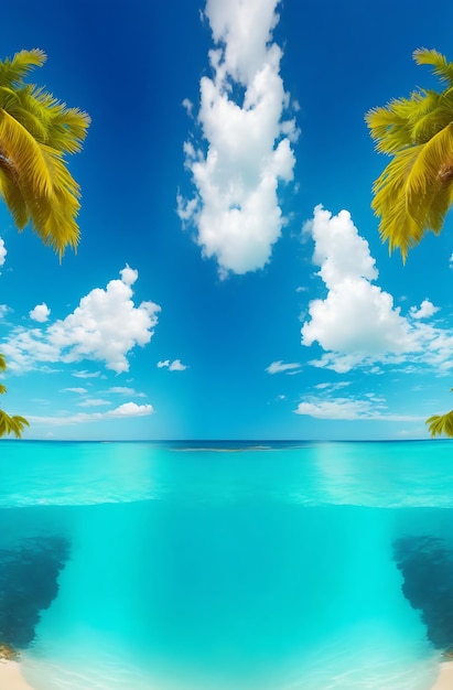 Podzielony widok na ocean i niebo powyżej oraz niebo z palmami poniżej