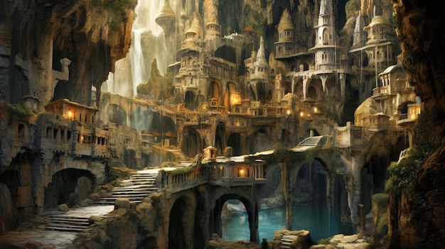 podziemne miasto z rzeką i pokojami fantasy