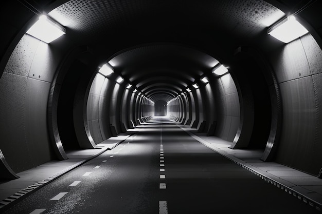 Podziemne przejście tunelowe długie i odległe ze sceną fotografowania w czarno-białym stylu