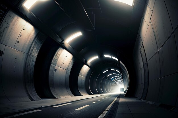 Podziemne przejście tunelowe długie i odległe ze sceną fotografowania w czarno-białym stylu