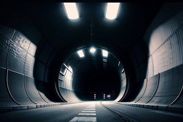 Zdjęcie podziemne przejście tunelowe długie i odległe ze sceną fotografowania w czarno-białym stylu