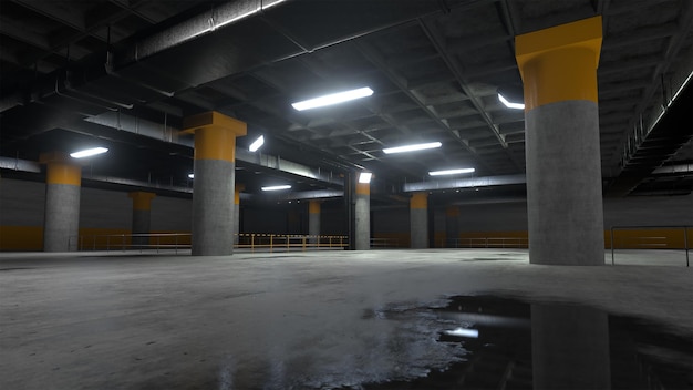Podziemny beton cementowy Sci Fi tło ciemny odblaskowy salon parking białe światła nowoczesny elegancki ilustracja renderowania 3D
