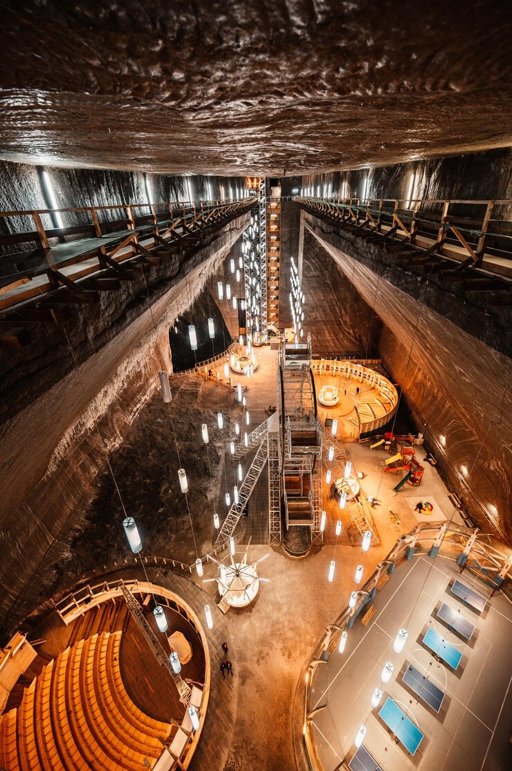 Zdjęcie podziemny park rozrywki w dużej kopalni soli salina turda turda w rumunii transylwania popularne miejsce turystyczne