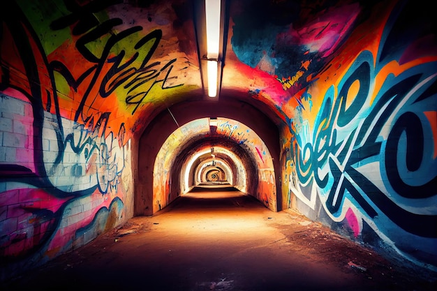 Podziemny tunel z jasnymi napisami graffiti i malowidłami ściennymi stworzonymi za pomocą generatywnej sztucznej inteligencji