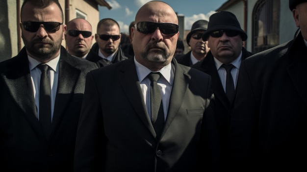 Zdjęcie pogrzeb szefa mafii smutne twarze żałoba ludzie ubrani na czarno