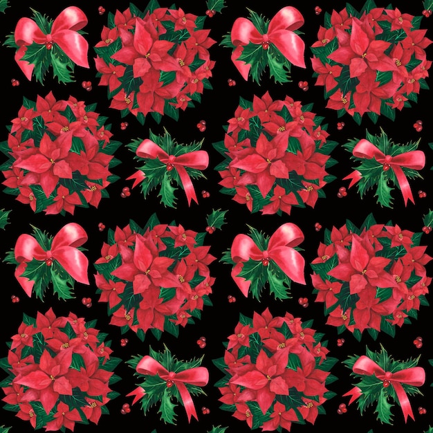 Poinsettia holly wstążka łuk Świąteczny wzór na czarnym tle Akwarela ręcznie rysowane ilustracji dekoracji