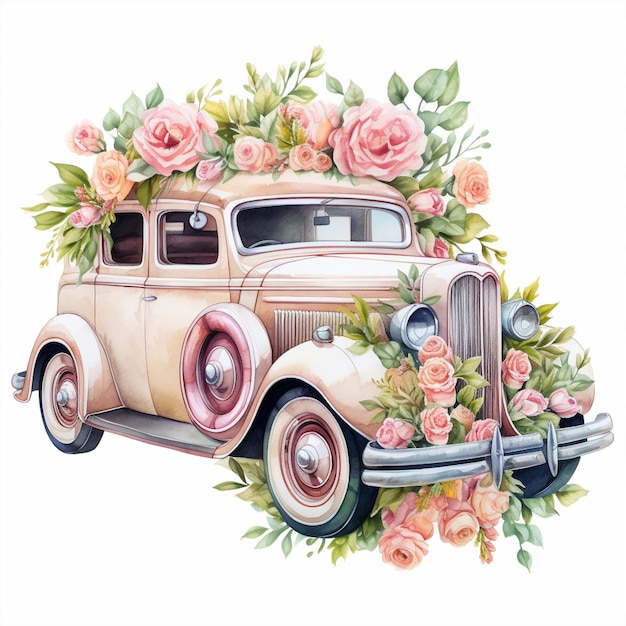 Pojazd ślubny ozdobiony elegancką kaskadą kwiatową